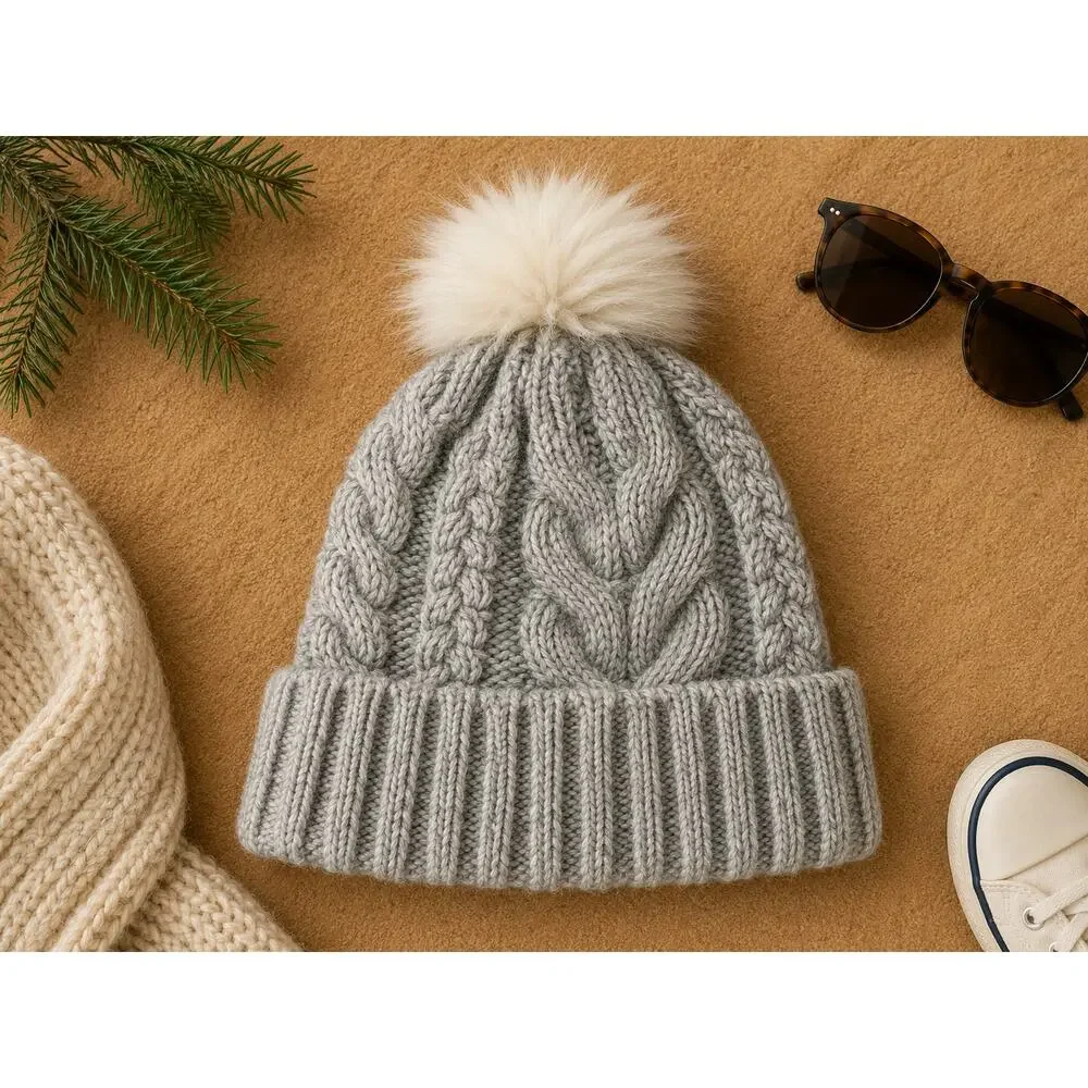 GAP Kids Girls Cable Knit Pom Beanie Hat Winter Warm Faux Fur Gray L/XL
